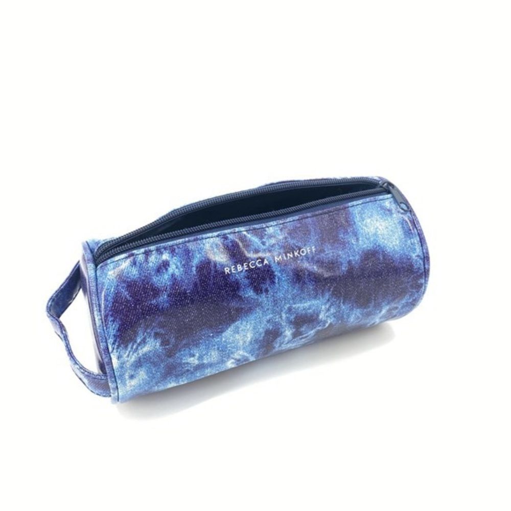 NWT REBECCA MINKOFF Exclusive Denim Blue Tie Dye Cylinder Makeup Cosmetic Pouch